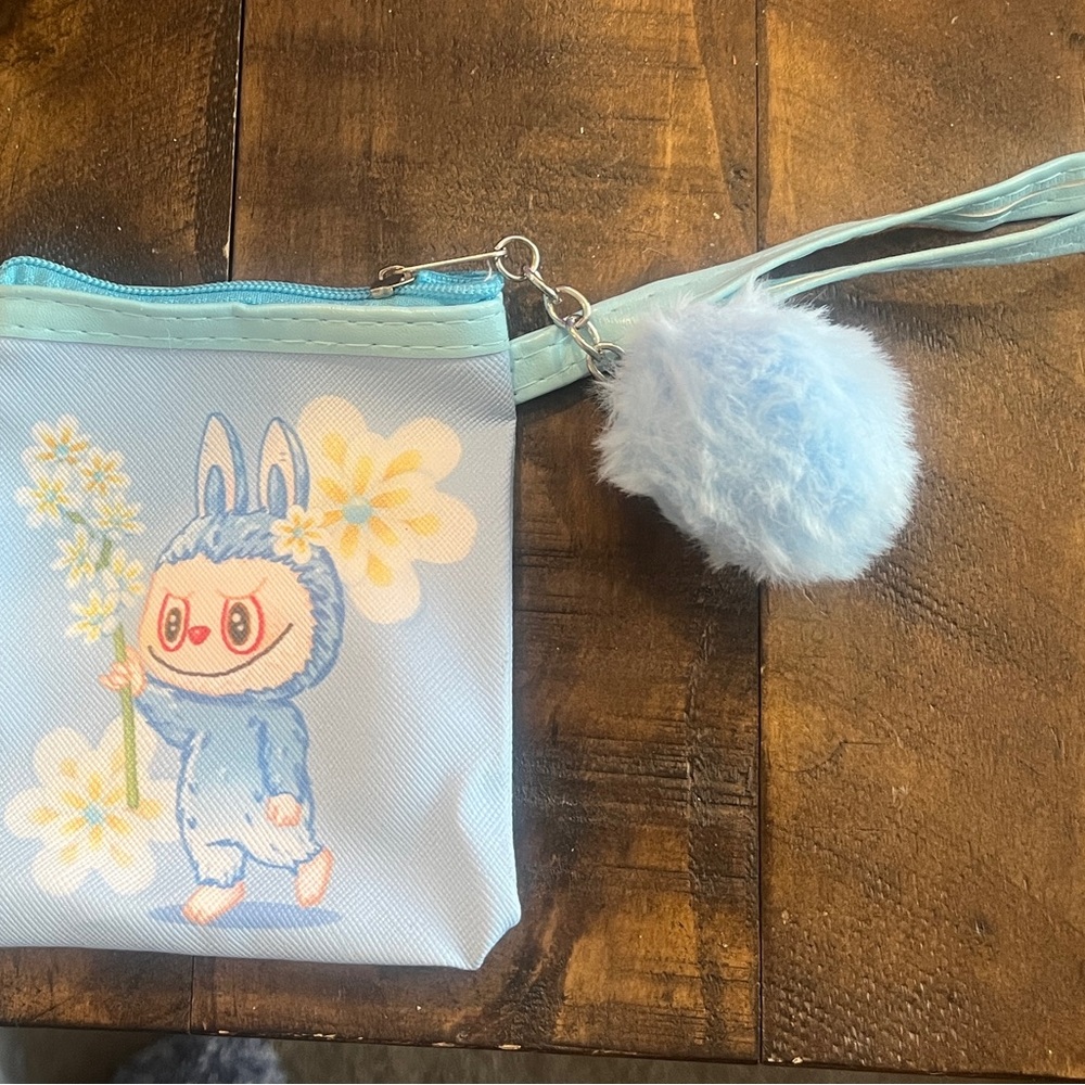 Cute Blue Labubu Coin Pouch with Floral Art Bag Purse - Picture 2 of 4
